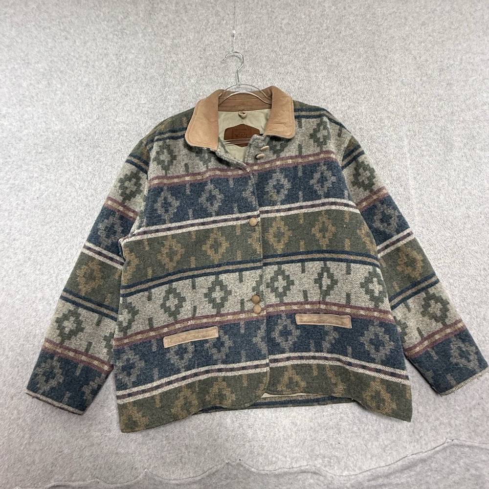 Vintage WOOLRICH Jacket Womens‎ XL Wool Green Nordic Aztec Shawl Chore Coat USA